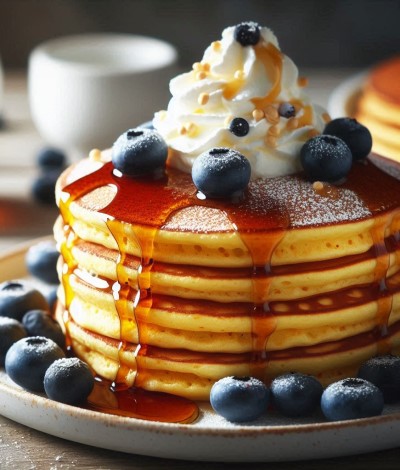 Tortitas de maíz con arándanos grandes y sirope por encima.